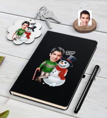 Kişiye Özel Erkek Yeni Yıl Karikatürlü Siyah Defter Kalem ve Anahtarlık Hediye Seti-5