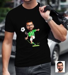 Kişiye Özel Bay Yeşil Beyaz Futbolcu Karikatürlü Siyah T-Shirt