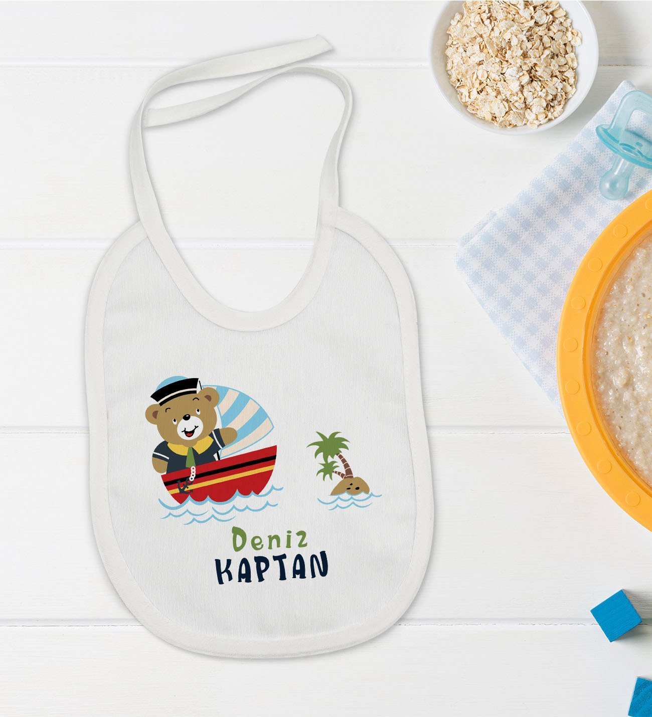 BK Kids Kişiye Özel Sevimli Kaptan Tasarımlı Bebek Mama Önlüğü - Model 2