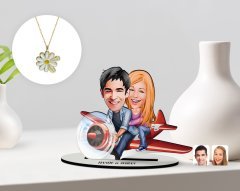 Kişiye Özel Sevgililer Karikatürlü 3D Ahşap Biblo ve Çift İsimli Papatya Kolye Seti-11