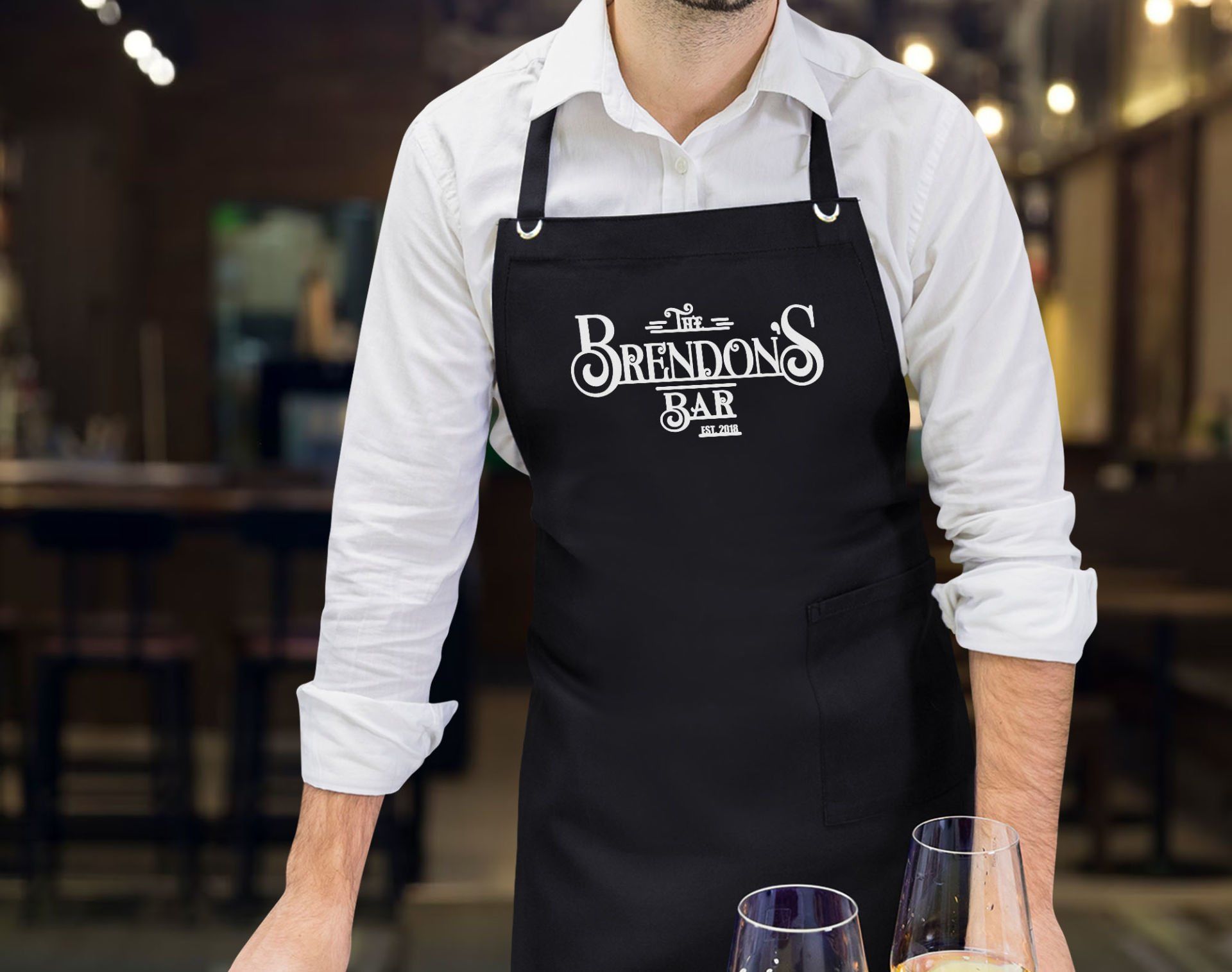 BK Gift Kişiye Özel İsimli Tarihli Bar Tasarımlı Profesyonel Siyah Mutfak Önlüğü, Aşçı Önlüğü, Şef Önlüğü, Arkadaşa Hediye-5