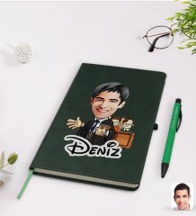 Kişiye Özel Erkek Avukat Karikatürlü Yeşil Termo Deri Defter Kalem Seti Model 2