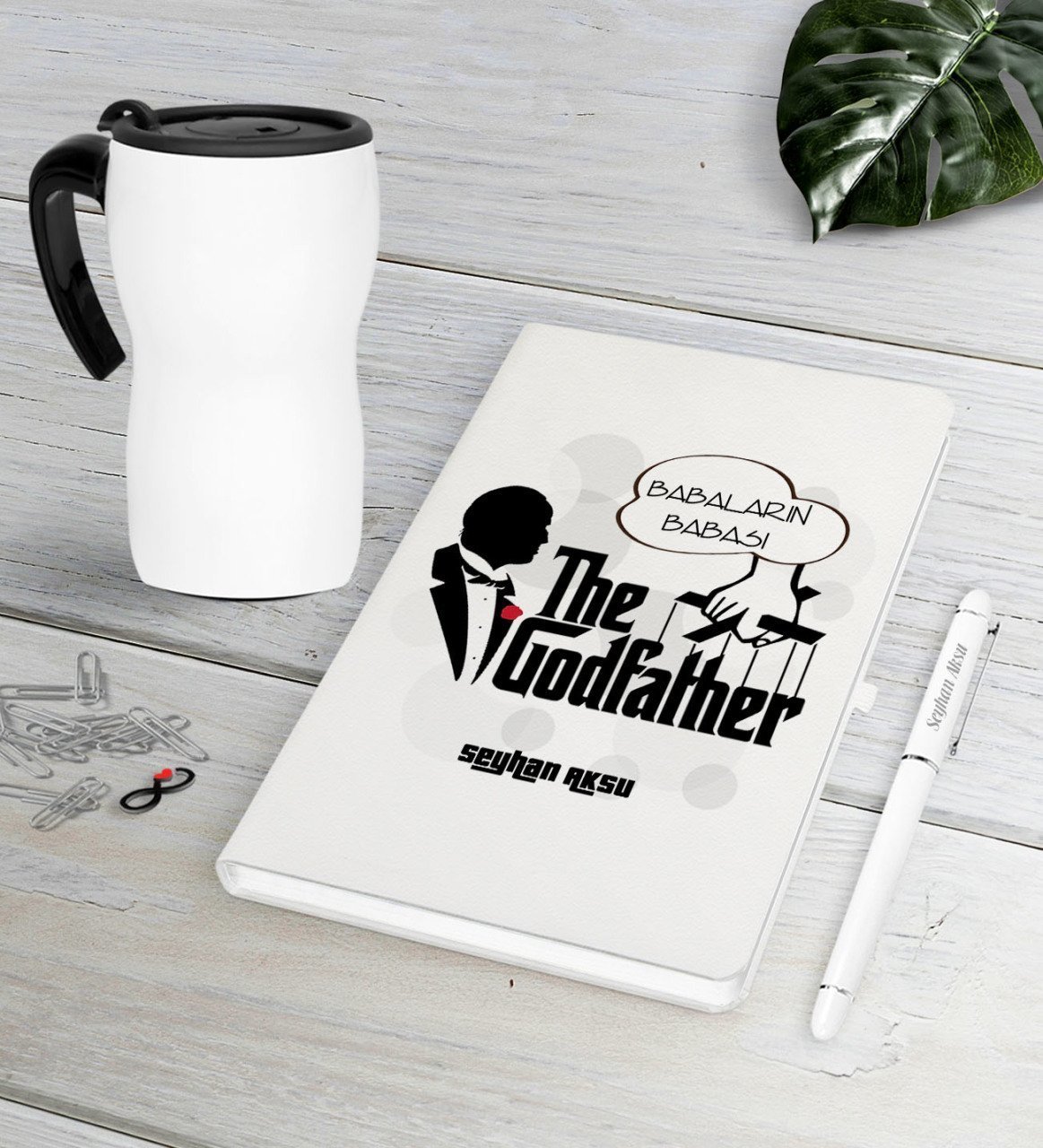 Kişiye Özel Babaların Babası Beyaz Defter Kalem Termos Mug Seti-3