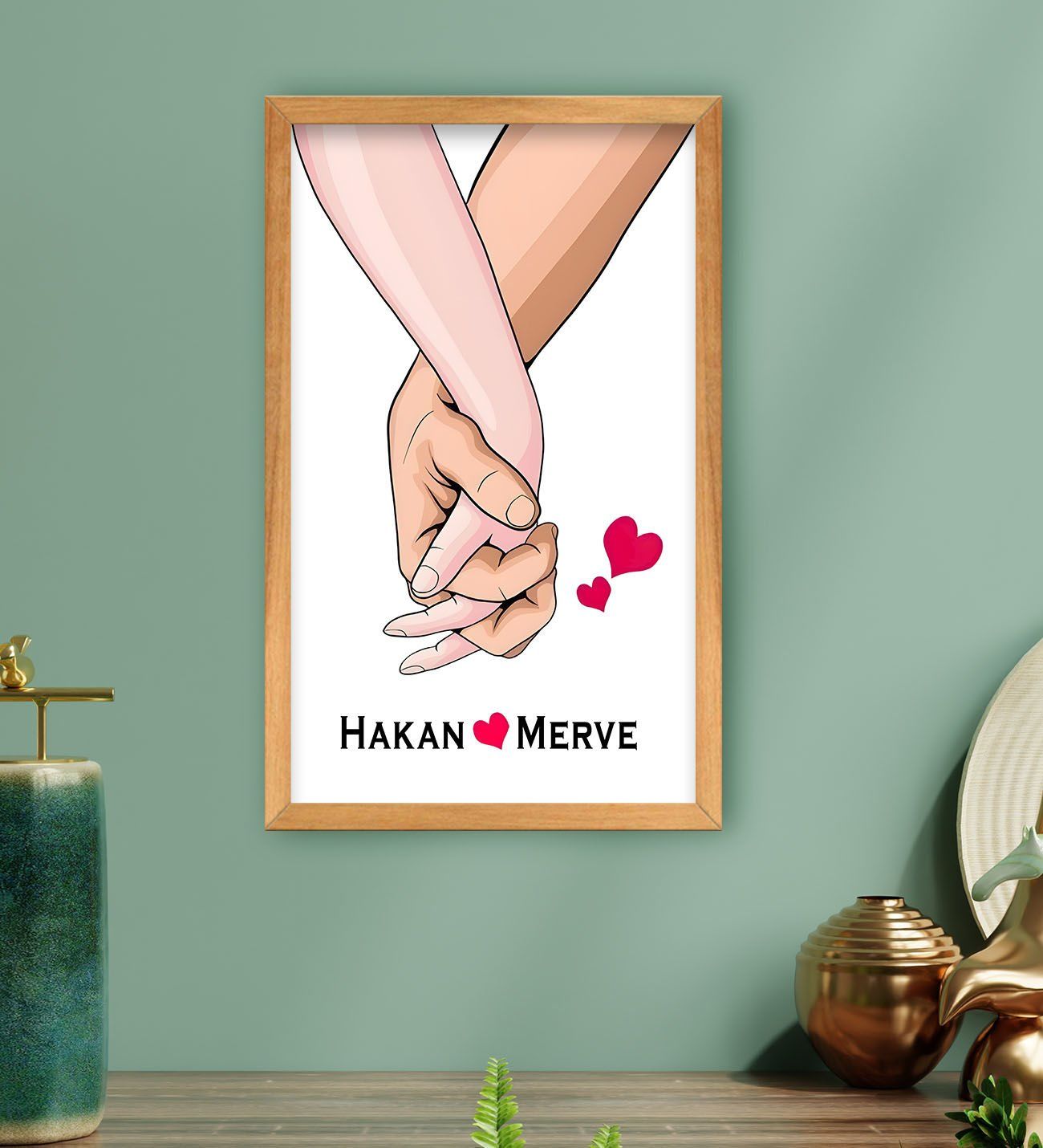BK Gift Kişiye Özel Sevgili El Ele Tasarımlı Ahşap Çerçeveli Tablo-3 40x25cm, Sevgililer Günü, Sevgiliye Hediye