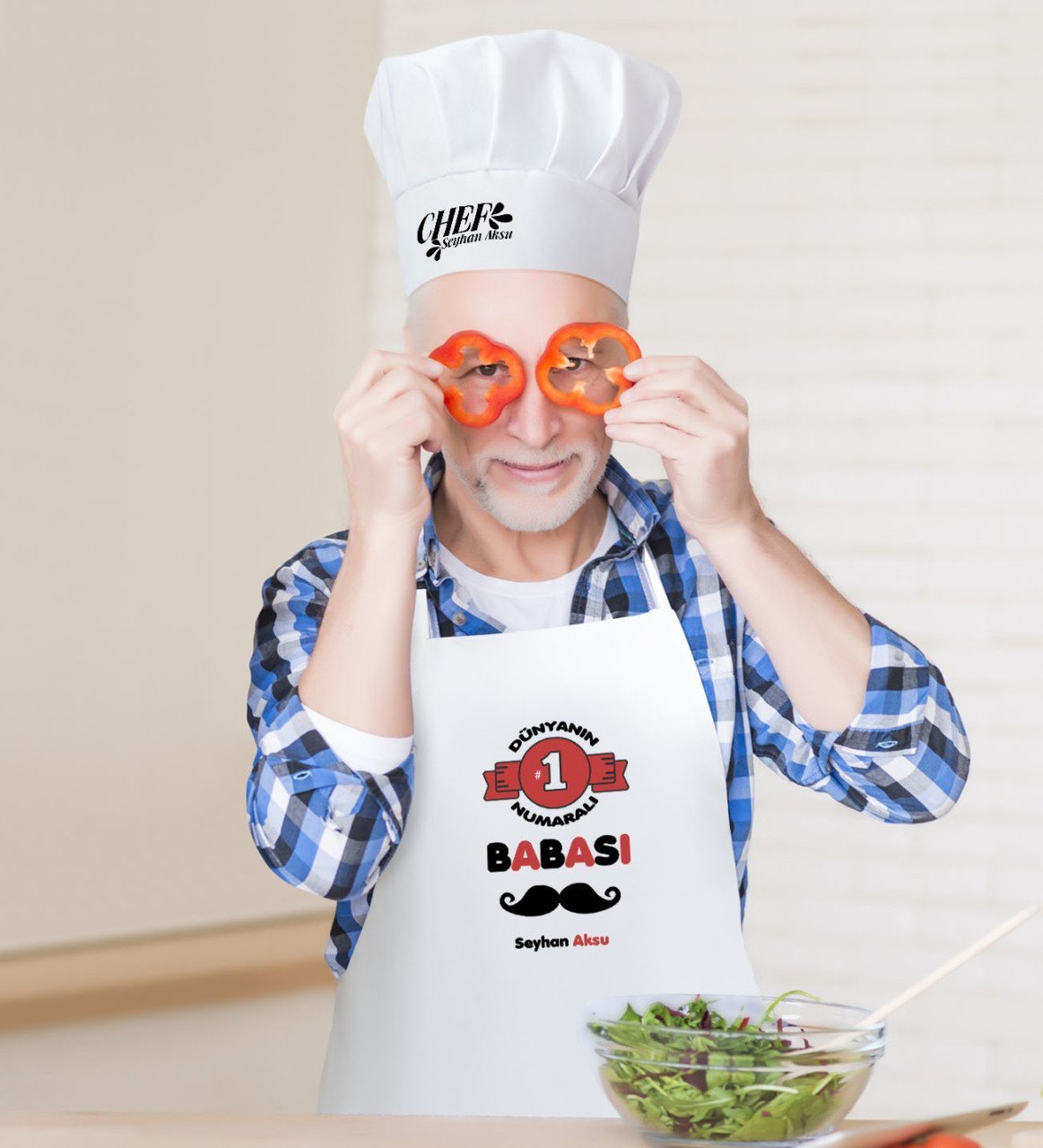 Kişiye Özel Dünyanın 1 Numaralı Babası Erkek Mutfak Önlüğü ve Aşçı Şapkası Seti