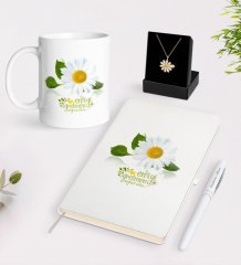 Kişiye Özel Papatya Temalı En İyi Öğretmen Beyaz Kupa Defter Kalem ve İsimli Papatya Kolye Hediye Seti-4