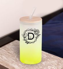 BK Gift Harfli Sarı Renk Pipetli Buzlu Cam Bardak 600ml - 1, Arkadaşa Hediye, Doğum Günü Hediyesi