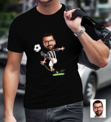 Kişiye Özel Bay Siyah Beyaz Futbolcu Karikatürlü Siyah T-Shirt