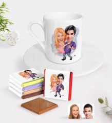 Kişiye Özel Sevgililer Karikatürlü Türk Kahvesi Fincanı ve Madlen Çikolata Seti-3