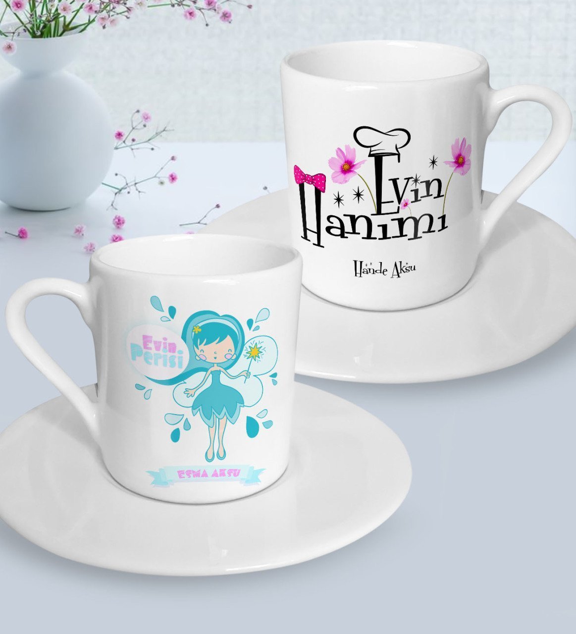 Kişiye Özel Anneler Günü Temalı Evin Perisi ve Evin Hanımı Tasarımlı İkili Türk Kahvesi Fincanı Seti-1