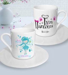 Kişiye Özel Anneler Günü Temalı Evin Perisi ve Evin Hanımı Tasarımlı İkili Türk Kahvesi Fincanı Seti-1