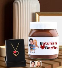 BK Gift Sevgiliye Özel Aşk Çiçeği Kalp Kolye ve Karikatürlü Nutella 400gr. Hediye Seti, Sevgililer Günü Hediye, Doğum Günü Hediyesi, Sevgiliye Hediye-9