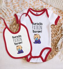 BK Kids Burada Patron Benim Tasarımlı Kırmızı Bebek Body Zıbın ve Mama Önlüğü Hediye Seti-1