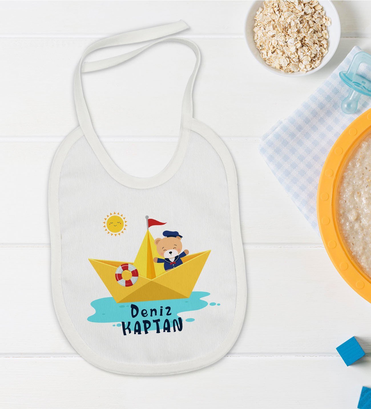 BK Kids Kişiye Özel Sevimli Kaptan Tasarımlı Bebek Mama Önlüğü - Model 1