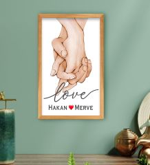 BK Gift Kişiye Özel Sevgili El Ele Tasarımlı Ahşap Çerçeveli Tablo-2 40x25cm, Sevgililer Günü, Sevgiliye Hediye
