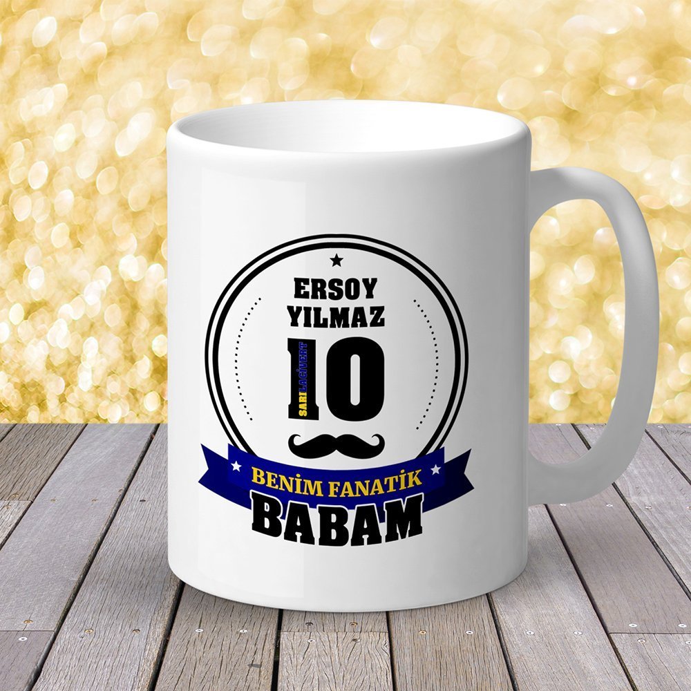 Kişiye Özel Benim Fanatik Babam Tasarımlı Beyaz Kupa Bardak (Sarı Lacivert)