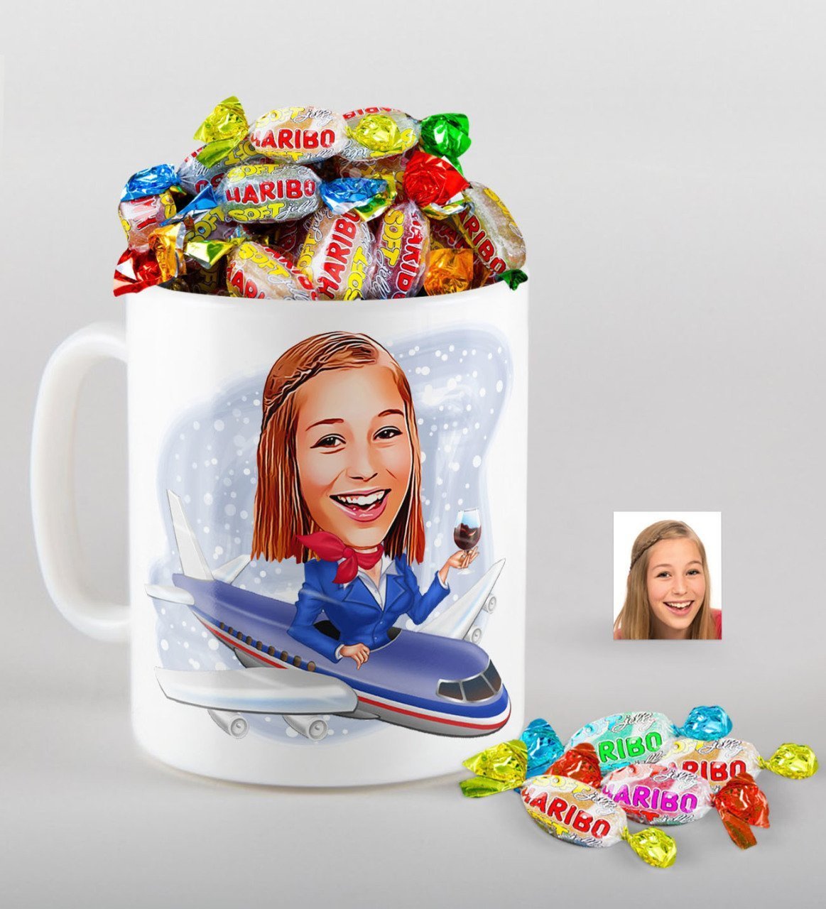 Kişiye Özel Hostes Karikatürlü Kupa ve Haribo Fruitbons Şeker Hediye Seti-1