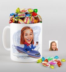 Kişiye Özel Hostes Karikatürlü Kupa ve Haribo Fruitbons Şeker Hediye Seti-1
