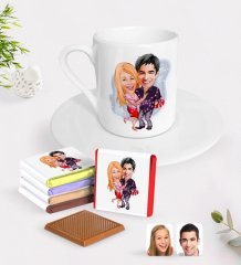 Kişiye Özel Sevgililer Karikatürlü Türk Kahvesi Fincanı ve Madlen Çikolata Seti-2