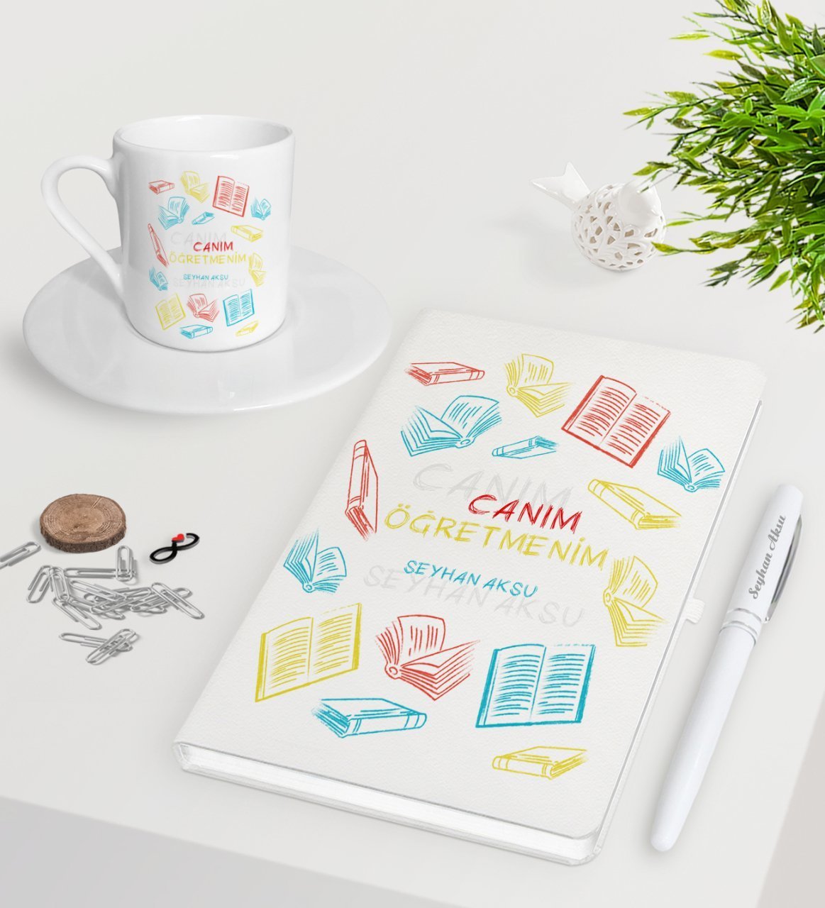 Kişiye Özel Canım Öğretmenim Beyaz Defter Kalem Türk Kahvesi Fincanı Seti-3