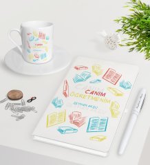 Kişiye Özel Canım Öğretmenim Beyaz Defter Kalem Türk Kahvesi Fincanı Seti-3