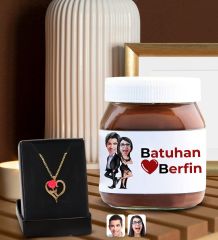 BK Gift Sevgiliye Özel Aşk Çiçeği Kalp Kolye ve Karikatürlü Nutella 400gr. Hediye Seti, Sevgililer Günü Hediye, Doğum Günü Hediyesi, Sevgiliye Hediye-8
