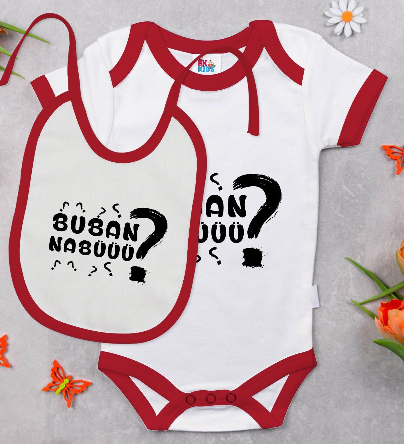 BK Kids Buban Nabüüü Tasarımlı Kırmızı Bebek Body Zıbın ve Mama Önlüğü Hediye Seti-1