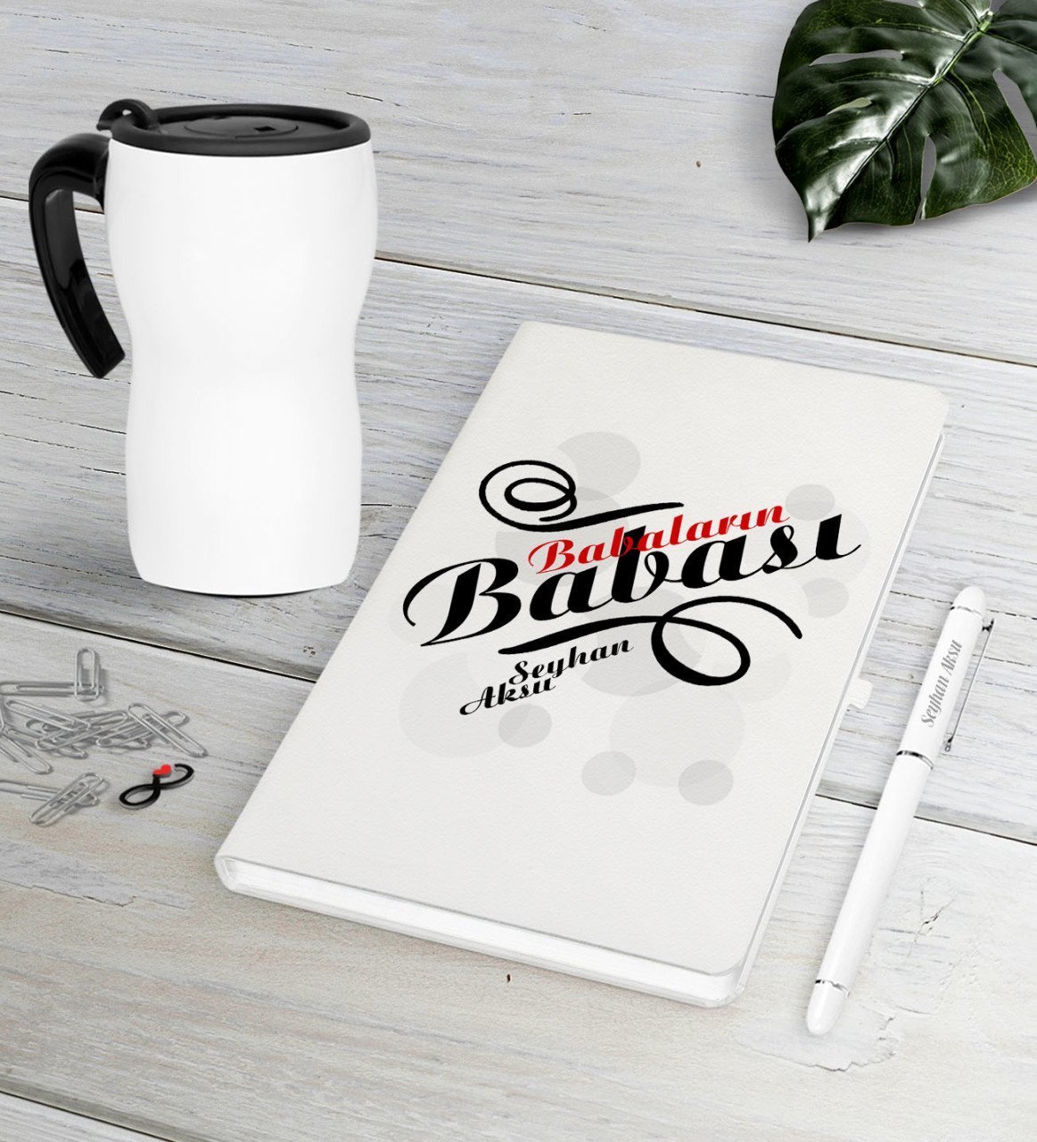 Kişiye Özel Babaların Babası Beyaz Defter Kalem Termos Mug Seti-1