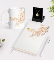 Kişiye Özel Papatya Temalı En İyi Öğretmen Beyaz Kupa Defter Kalem ve İsimli Papatya Kolye Hediye Seti-2