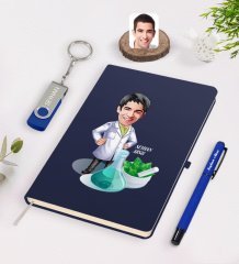 Kişiye Özel Erkek Eczacı Karikatürlü Lacivert Defter Kalem 32gb USB Bellek Hediye Seti-1