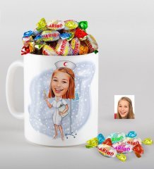 Kişiye Özel Hemşire Karikatürlü Kupa ve Haribo Fruitbons Şeker Hediye Seti-2