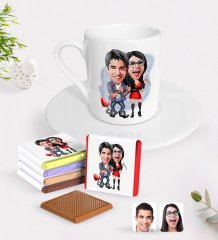 Kişiye Özel Sevgililer Karikatürlü Türk Kahvesi Fincanı ve Madlen Çikolata Seti-1