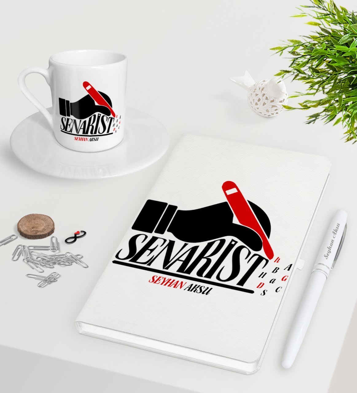 Kişiye Özel Senarist Beyaz Defter Kalem Türk Kahvesi Fincanı Seti-1