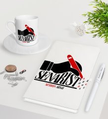 Kişiye Özel Senarist Beyaz Defter Kalem Türk Kahvesi Fincanı Seti-1