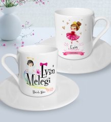 Kişiye Özel Anneler Günü Temalı Evin Meleği ve Evin Prensesi Tasarımlı İkili Türk Kahvesi Fincanı Seti-1