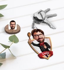 Kişiye Özel İsimli Erkek Master Chef Karikatürlü Ahşap Anahtarlık-1