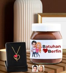 BK Gift Sevgiliye Özel Aşk Çiçeği Kalp Kolye ve Karikatürlü Nutella 400gr. Hediye Seti, Sevgililer Günü Hediye, Doğum Günü Hediyesi, Sevgiliye Hediye-7