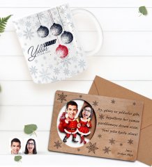 Kişiye Özel Mutlu Yıllar Kupa Bardak ve Retro Ahşap Yılbaşı Tebrik Kartı Hediye Seti-8E