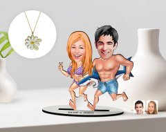 Kişiye Özel Sevgililer Karikatürlü 3D Ahşap Biblo ve Çift İsimli Papatya Kolye Seti-8