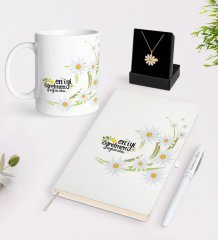 Kişiye Özel Papatya Temalı En İyi Öğretmen Beyaz Kupa Defter Kalem ve İsimli Papatya Kolye Hediye Seti-1
