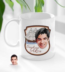 Kişiye Özel İsimli Gemi ve Erkek Yüz Karikatürlü Beyaz Kupa Bardak-1