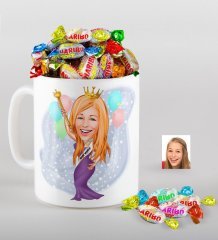 Kişiye Özel Dünya Güzeli Karikatürlü Kupa ve Haribo Fruitbons Şeker Hediye Seti