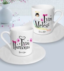 Kişiye Özel Anneler Günü Temalı Evin Hanımı ve Evin Meleği Tasarımlı İkili Türk Kahvesi Fincanı Seti-1