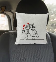 Kişiye Özel İsimli Aşık Çöp Kadın Tasarımlı Kare Araç Koltuk Yastığı-1