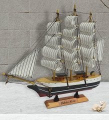 Kişiye Özel Ahşap El Yapımı Yelkenli Gemi 26cm ve Dümen Tasarımlı Kupa Hediye Seti-6