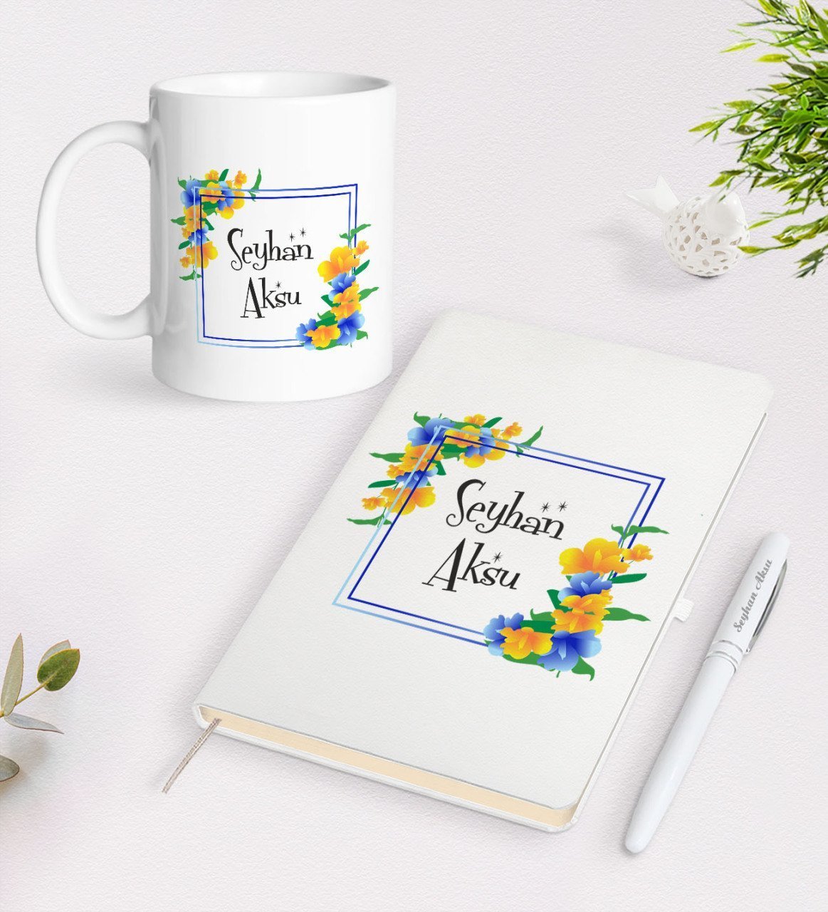 Kişiye Özel İsimli Beyaz Defter Kalem Kupa Seti-16