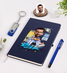 Kişiye Özel Erkek Doktor Karikatürlü Lacivert Defter Kalem 32gb USB Bellek Hediye Seti-1