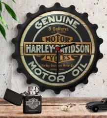 Kişiye Özel Harley Davidson Ahşap Duvar Saati ve Siyah Metal Benzinli Çakmak Seti-1