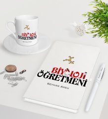 Kişiye Özel Biyoloji Öğretmeni Beyaz Defter Kalem Türk Kahvesi Fincanı Seti-1