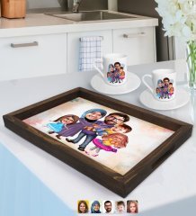 Kişiye Özel Aile Karikatürlü Doğal Ahşap Tepsi ve 2’li Kahve Fincan Seti-9
